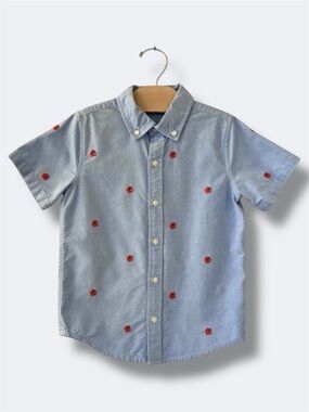 Janie and Jack Boys Shirt Size 6 Blue Hibiscus Embroidered Short Sleeve Cotton